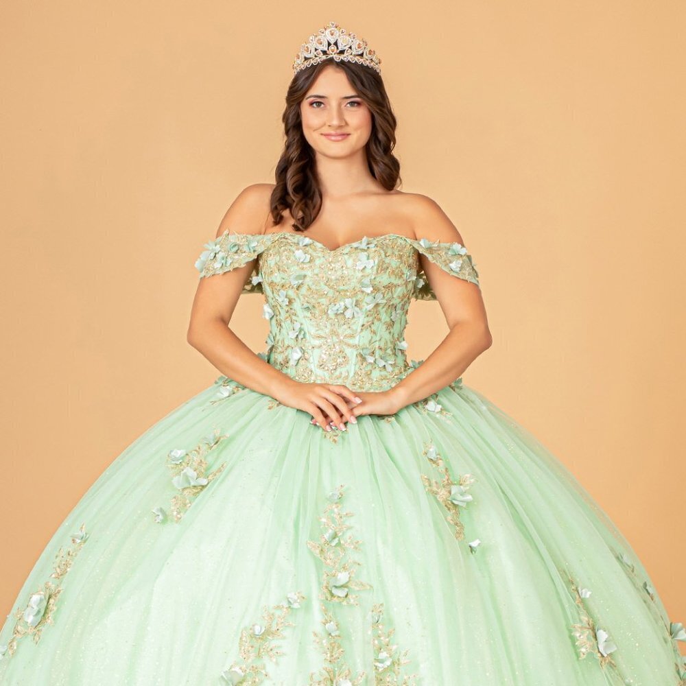 NEW OFF THE SHOULDER SLEEVELESS EMBROIDERED BALL GOWN WITH LACE UP BACK GL3102